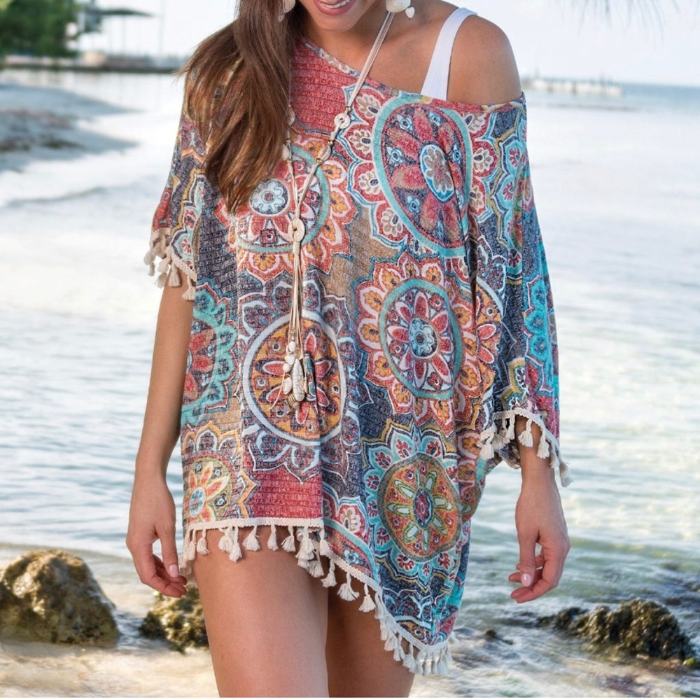 Bohemian Mandala Print Multicolor Swim Cover-Up with Tassels. One size.